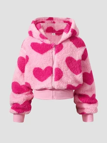 SHEIN Elladie kids 1件女孩青春可愛甜美風連帽長袖拉鍊外套，收口下擺，百搭短版上衣，愛心毛絨圖案，抓絨面料 - 粉色 - 查看 4