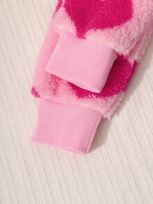 SHEIN Elladie kids 1件女孩青春可愛甜美風連帽長袖拉鍊外套，收口下擺，百搭短版上衣，愛心毛絨圖案，抓絨面料 - 粉色 - 查看 7
