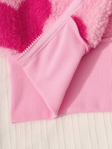 SHEIN Elladie kids 1件女孩青春可愛甜美風連帽長袖拉鍊外套，收口下擺，百搭短版上衣，愛心毛絨圖案，抓絨面料 - 粉色 - 查看 8