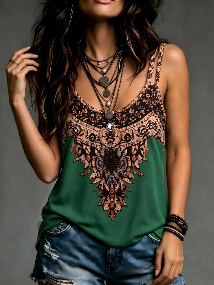SHEIN Vintage Tropical Boho Tropical Print Casual Vacation Style Camisole Top Vacation Shades Of Green Summer Vacation Beach - Dark Green - View 4