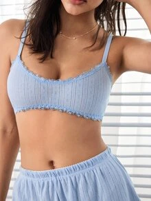 Ocili Women's Comfortable Cotton Knitted Jacquard Lace Bow Decor Bra - Blue - View 2