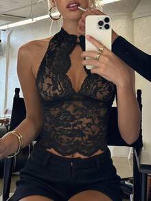 Opulessa Summer Vacation Solid Color Knit Lace Women's Top Party Club Night Out Black Floral Sexy, Elegant Festival Party Tops, Night Out - Black - View 1