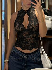 Opulessa Summer Vacation Solid Color Knit Lace Women's Top Party Club Night Out Black Floral Sexy, Elegant Festival Party Tops, Night Out - Black - View 3