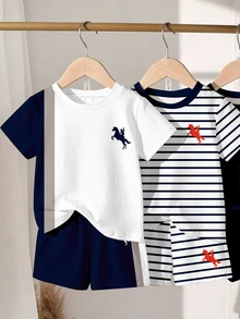 Souflis Souflis Color Block Contrast, Infant Casual Cute Fashion Classic Knight Print Crew Neck Short Sleeve T-Shirt Set Summer Birthday Baptism,1 Random Set - Multicolor - View 6
