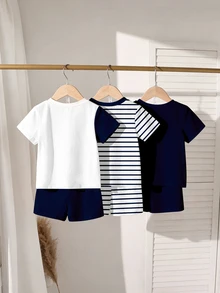 Souflis Souflis Color Block Contrast, Infant Casual Cute Fashion Classic Knight Print Crew Neck Short Sleeve T-Shirt Set Summer Birthday Baptism,1 Random Set - Multicolor - View 2