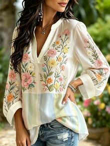 Selamara Women's Romantic Casual Placement Floral Print Deep V-Neck Criss-Cross Top - Multicolor - View 4