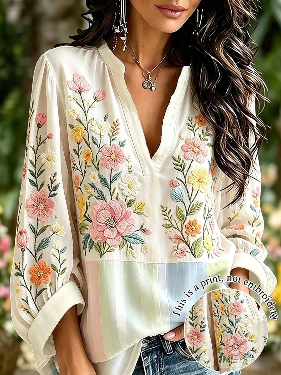 Selamara Women's Romantic Casual Placement Floral Print Deep V-Neck Criss-Cross Top - Multicolor - View 1