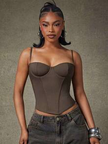Denimoi 性感束胸式緊身衣上衣 後背繫帶款 女士約會之夜晚餐穿搭 夜店風 GNO 女友之夜穿著 - 棕色 - 查看 4