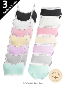 (Random 3 Sets) Girls' Multicolor Solid Love English Heart Woven Tape Camisole Top With Padded Cups And Triangle Panty Set, Traceable Cotton - Multicolor - View 1