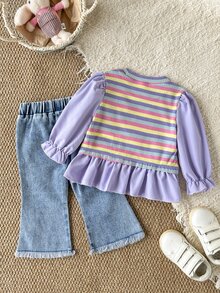 SHEIN 2件組幼女公主芭蕾套裝，紫色彩虹3D花朵荷葉邊條紋牛仔長袖圓領荷葉下擺上衣配牛仔褲，生日派對秋季穿搭 - 紫色 - 查看 3