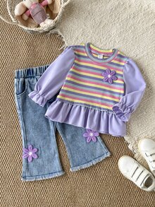 SHEIN 2件組幼女公主芭蕾套裝，紫色彩虹3D花朵荷葉邊條紋牛仔長袖圓領荷葉下擺上衣配牛仔褲，生日派對秋季穿搭 - 紫色 - 查看 5