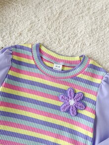 SHEIN 2件組幼女公主芭蕾套裝，紫色彩虹3D花朵荷葉邊條紋牛仔長袖圓領荷葉下擺上衣配牛仔褲，生日派對秋季穿搭 - 紫色 - 查看 8