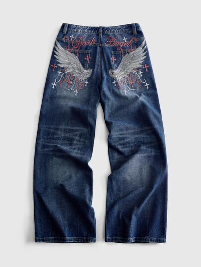 Street Life Men's Y2K Vintage Embroidered Dark Wash Denim Jeans With Pink Cross And Angel Wings Embroidery, Loose Straight Leg Streetwear Grunge Aesthetic Pants
