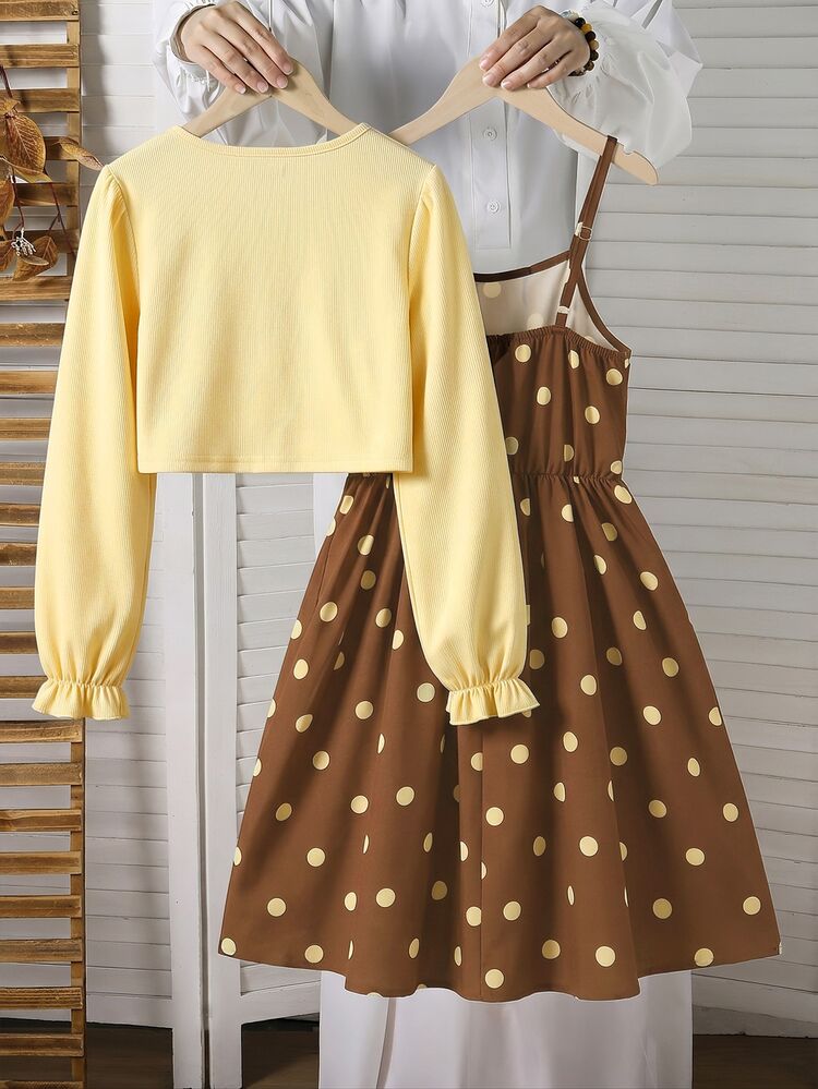 SHEIN 2pcs/Set Girls Big Kids Spring/Autumn/Winter Casual Knitted Ribbed Bow Decor Cardigan Top And Printed Camisole Simple Dress Vacation Style Outfit - Yellow - View 2