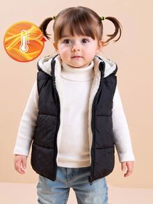 SHEIN Playful Pals 1件幼兒女嬰款黑色可愛優雅絎縫羽絨背心，抓絨內裡毛茸茸連帽拉鍊無袖立領加厚戶外冬季保暖公主風 - 黑色 - 查看 7