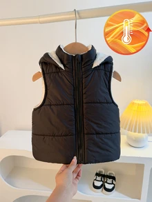 SHEIN Playful Pals 1件幼兒女嬰款黑色可愛優雅絎縫羽絨背心，抓絨內裡毛茸茸連帽拉鍊無袖立領加厚戶外冬季保暖公主風 - 黑色 - 查看 8