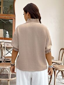 Weeklong Plus Size Faux Linen Woven Fabric Ruffle Trim Small Stand Shirred Ruched Short Sleeve Positioned Embroidery Button-Up Blouse, Fashion Casual Vacation Travel Commute Spring Summer Women's Shirt - Apricot - View 2