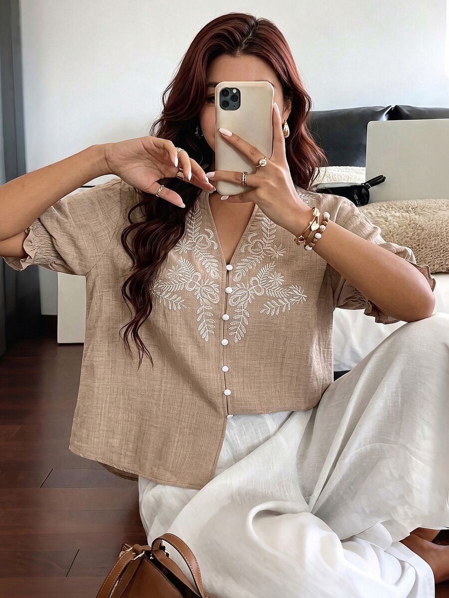 Weeklong Plus Size Faux Linen Woven Fabric Ruffle Trim Small Stand Shirred Ruched Short Sleeve Positioned Embroidery Button-Up Blouse, Fashion Casual Vacation Travel Commute Spring Summer Women's Shirt - Apricot - View 1
