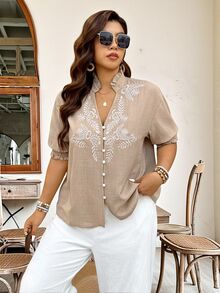 Weeklong Plus Size Faux Linen Woven Fabric Ruffle Trim Small Stand Shirred Ruched Short Sleeve Positioned Embroidery Button-Up Blouse, Fashion Casual Vacation Travel Commute Spring Summer Women's Shirt - Apricot - View 7
