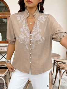Weeklong Plus Size Faux Linen Woven Fabric Ruffle Trim Small Stand Shirred Ruched Short Sleeve Positioned Embroidery Button-Up Blouse, Fashion Casual Vacation Travel Commute Spring Summer Women's Shirt - Apricot - View 5