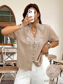 Weeklong Plus Size Faux Linen Woven Fabric Ruffle Trim Small Stand Shirred Ruched Short Sleeve Positioned Embroidery Button-Up Blouse, Fashion Casual Vacation Travel Commute Spring Summer Women's Shirt - Apricot - View 3