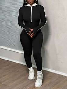 Slaydiva 女式秋季拼色拉链半襟长袖休闲连体裤 - 黑與白 - 查看 4