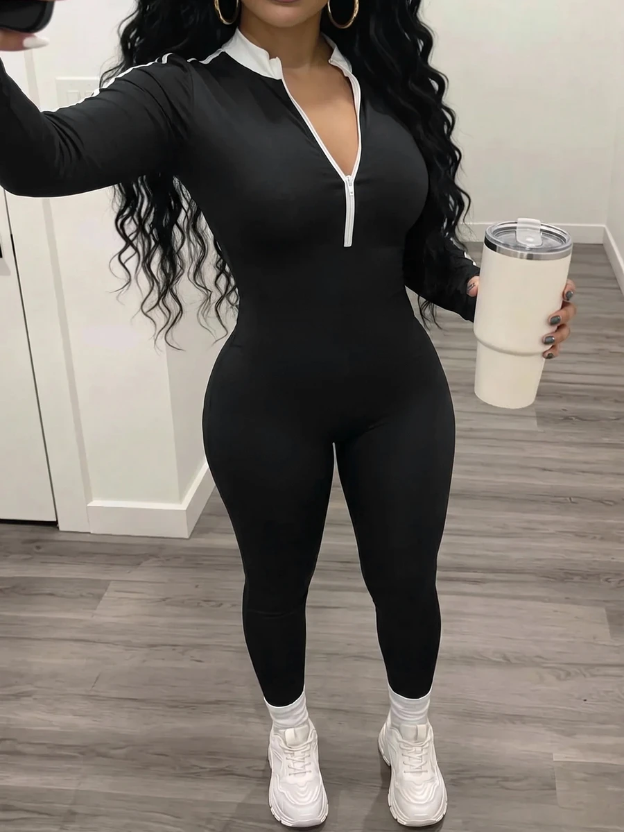 Slaydiva 女式秋季拼色拉链半襟长袖休闲连体裤