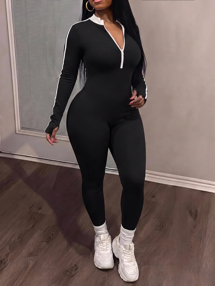 Slaydiva Women's Autumn Color Block Zipper Half Placket Long Sleeve Casual Jumpsuit - Black and White - View 2