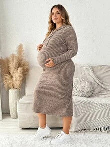 Plussiva Plus-Size Maternity Autumn Hoodie Dress With Drawstring And Side Slits – Casual Everyday Style  Fall/Winter - Khaki - View 5
