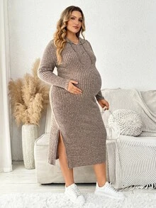 Plussiva Plus-Size Maternity Autumn Hoodie Dress With Drawstring And Side Slits – Casual Everyday Style  Fall/Winter - Khaki - View 4