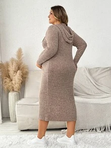 Plussiva Plus-Size Maternity Autumn Hoodie Dress With Drawstring And Side Slits – Casual Everyday Style  Fall/Winter - Khaki - View 2