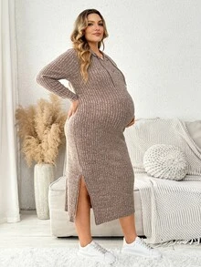 Plussiva Plus-Size Maternity Autumn Hoodie Dress With Drawstring And Side Slits – Casual Everyday Style  Fall/Winter - Khaki - View 3