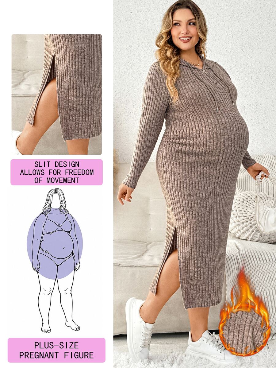 Plussiva Plus-Size Maternity Autumn Hoodie Dress With Drawstring And Side Slits – Casual Everyday Style Fall/Winter - Khaki - View 1