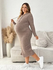 Plussiva Plus-Size Maternity Autumn Hoodie Dress With Drawstring And Side Slits – Casual Everyday Style  Fall/Winter - Khaki - View 6
