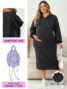 Plussiva Gaun Hamil Ukuran Besar dengan Bahu Longgar dan Tali Serut serta Tudung - Hitam - View 1