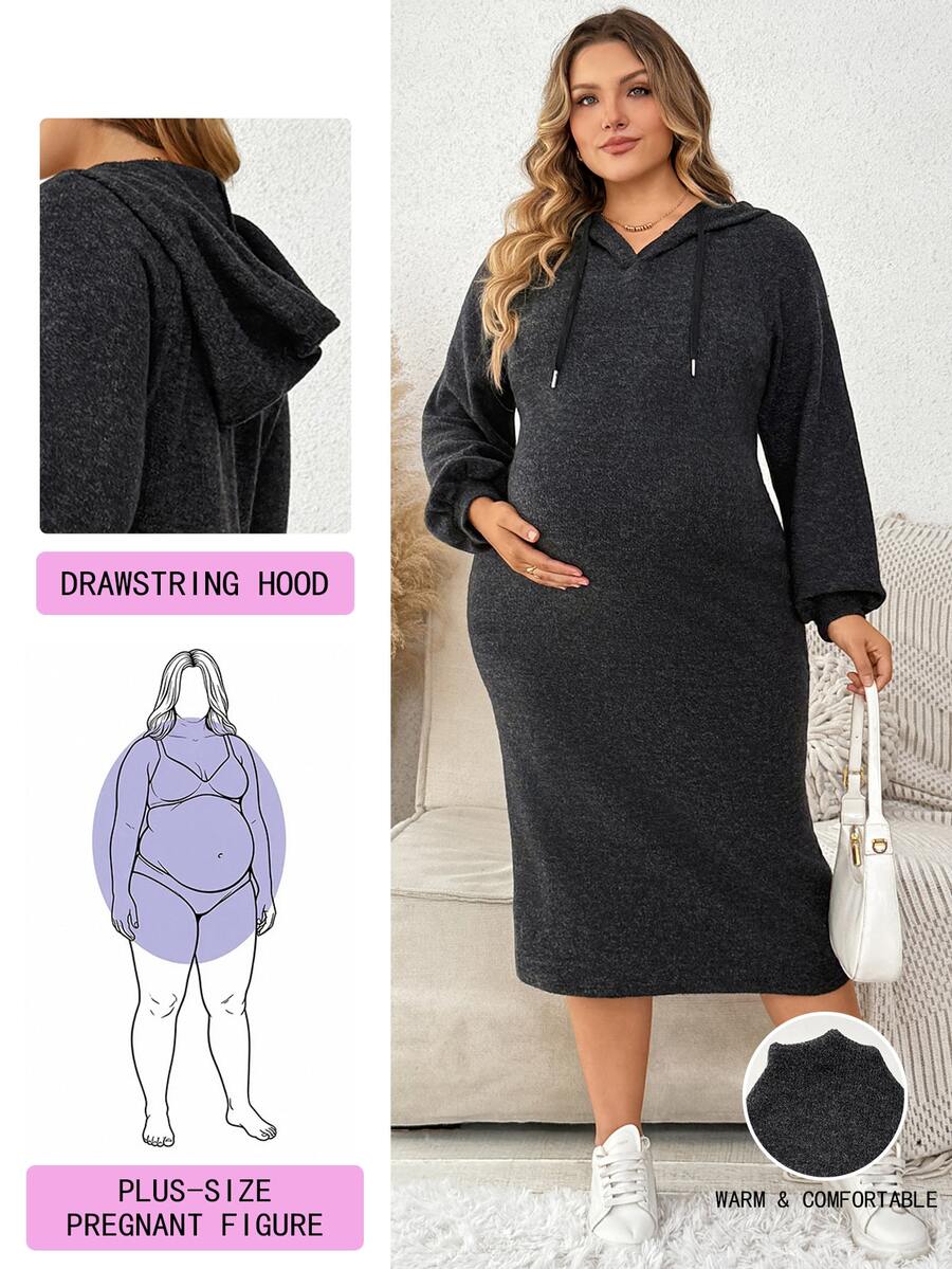 Plussiva Gaun Hamil Ukuran Besar dengan Bahu Longgar dan Tali Serut serta Tudung - Hitam - View 1