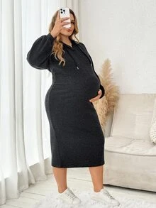 Plussiva Gaun Hamil Ukuran Besar dengan Bahu Longgar dan Tali Serut serta Tudung - Hitam - View 6