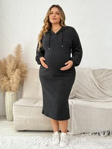 Plussiva Gaun Hamil Ukuran Besar dengan Bahu Longgar dan Tali Serut serta Tudung - Hitam - View 5
