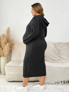 Plussiva Gaun Hamil Ukuran Besar dengan Bahu Longgar dan Tali Serut serta Tudung - Hitam - View 2