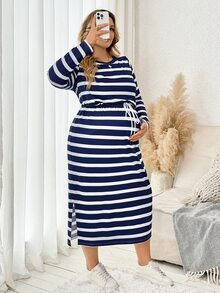 Plussiva Plus Size Maternity Striped Print Drawstring Waist Split Hem Dress Fall  Fall/Winter Casual Everyday - Blue - View 7
