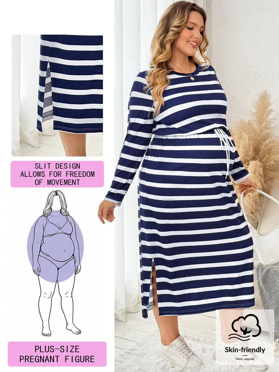 Plussiva Plus Size Maternity Striped Print Drawstring Waist Split Hem Dress Fall Fall/Winter Casual Everyday - Blue - View 1