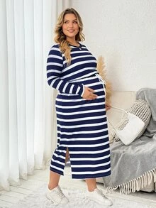Plussiva Plus Size Maternity Striped Print Drawstring Waist Split Hem Dress Fall  Fall/Winter Casual Everyday - Blue - View 4