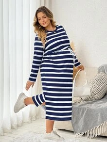Plussiva Plus Size Maternity Striped Print Drawstring Waist Split Hem Dress Fall  Fall/Winter Casual Everyday - Blue - View 6