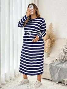 Plussiva Plus Size Maternity Striped Print Drawstring Waist Split Hem Dress Fall  Fall/Winter Casual Everyday - Blue - View 5