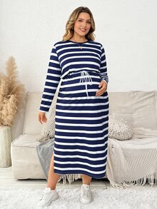 Plussiva Plus Size Maternity Striped Print Drawstring Waist Split Hem Dress Fall  Fall/Winter Casual Everyday - Blue - View 9