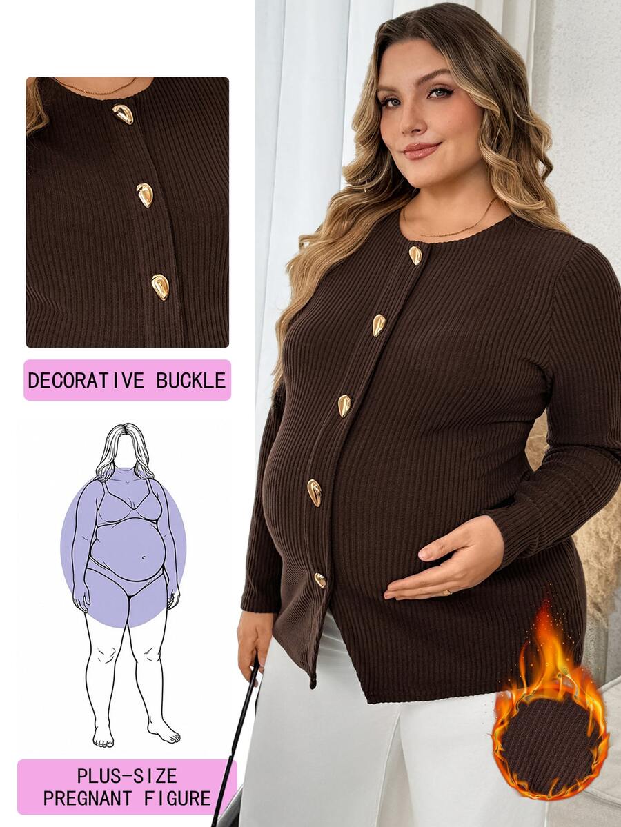 Plussiva Plus-Size Maternity Ribbed Knit Top With Front Buttons – Casual & Workwear Fall/Winter - Brown - View 1