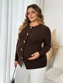 Plussiva Plus-Size Maternity Ribbed Knit Top With Front Buttons – Casual & Workwear  Fall/Winter - Brown - View 8