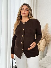 Plussiva Plus-Size Maternity Ribbed Knit Top With Front Buttons – Casual & Workwear  Fall/Winter - Brown - View 4