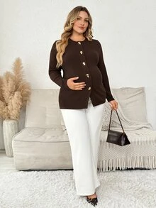 Plussiva Plus-Size Maternity Ribbed Knit Top With Front Buttons – Casual & Workwear  Fall/Winter - Brown - View 6