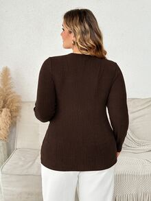 Plussiva Plus-Size Maternity Ribbed Knit Top With Front Buttons – Casual & Workwear  Fall/Winter - Brown - View 2